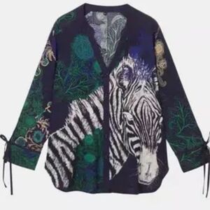 Desigual Navy Green Zebra Floral Print Long Sleeve Button Down Blouse Size XS